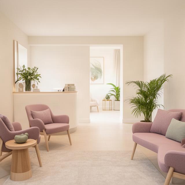 Calm day spa reception in Saint Austell with warm lighting, pale surfaces and a welcoming seating area