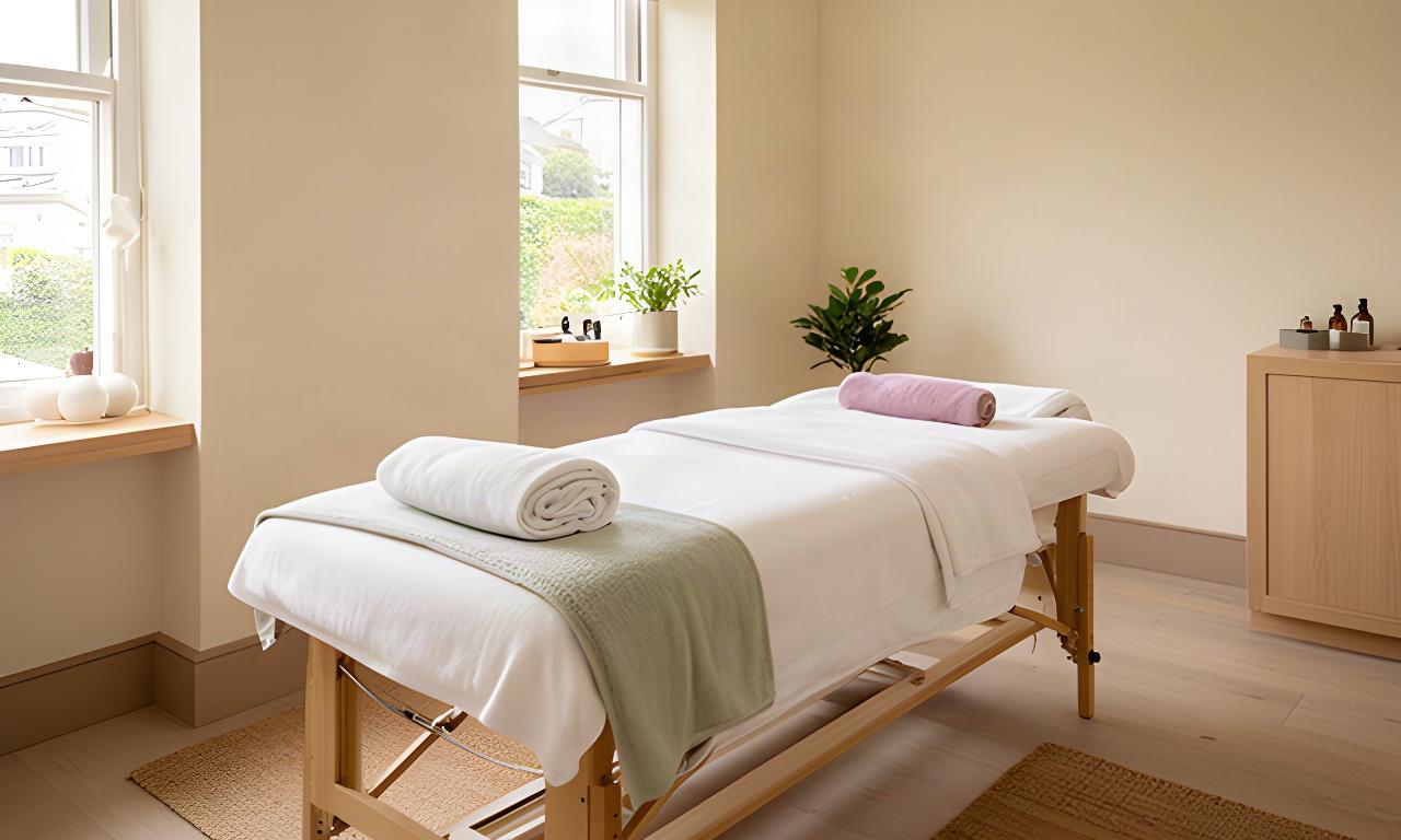 Quiet spa treatment room in Saint Austell with soft daylight, natural textures and a prepared massage table